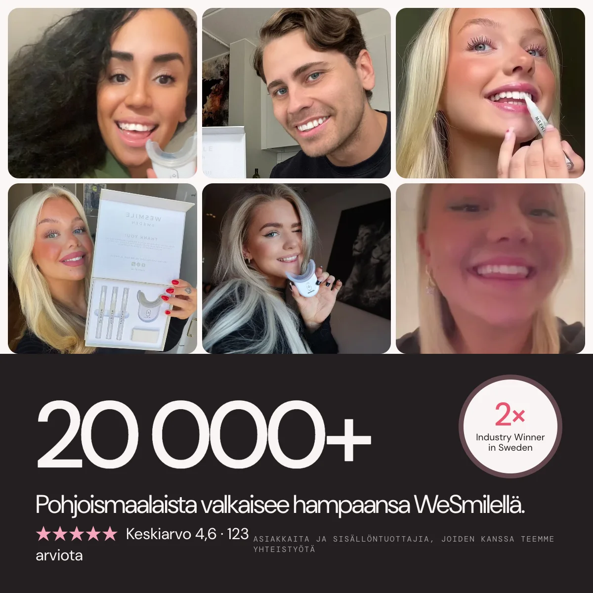 Yli 20 000 asiakasta Pohjoismaissa valkaisee hampaansa WeSmilellä. Keskiarvo 4,6 (123 arviota). 2× toimialan voittaja Ruotsissa